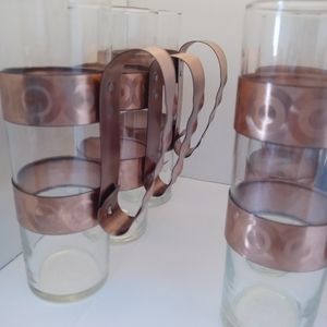 Vintage Signed Fantasy Hand Wrought Copper Glassware 6 Tall Glasses with Handles
